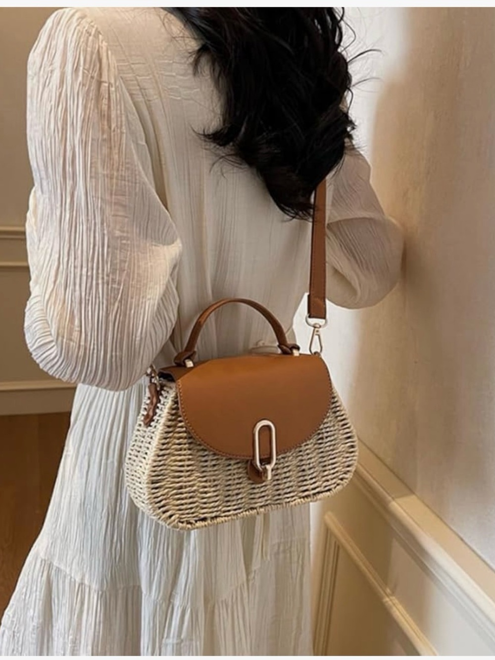 Woven Tan and Cream Top-Handle Satchel with Adjustable Strap - Picture 2 of 6